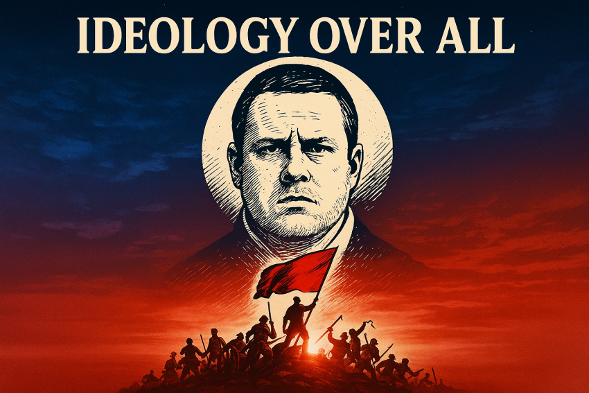 A parody of the Les Misérables poster featuring a stylized black-and-white illustration of a man’s face framed by a glowing halo above a crowd of revolutionaries raising a red flag, with the words “IDEOLOGY OVER ALL” in bold serif type across the top against a blue-to-red gradient sky.