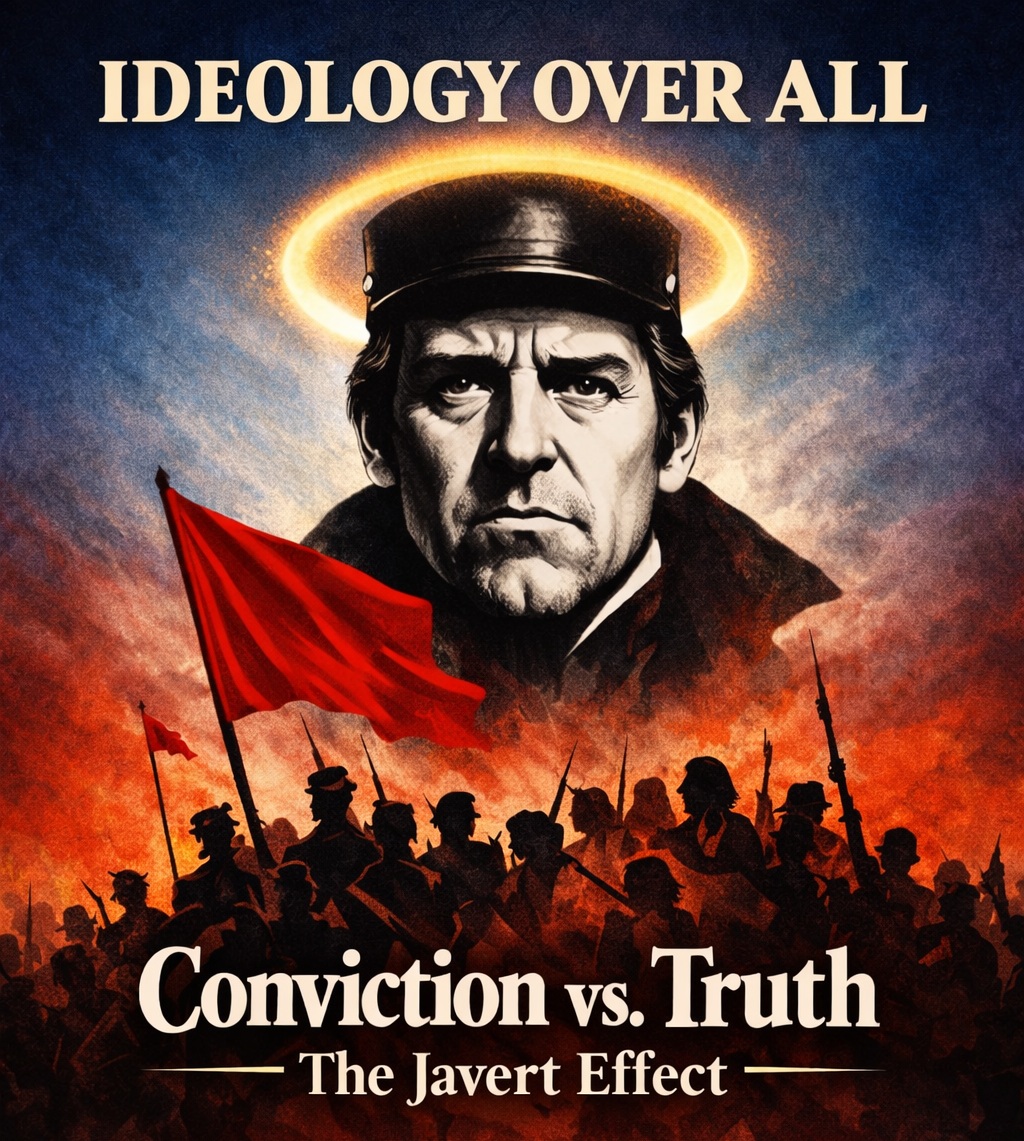 Parody poster: Conviction vs. Truth: The Javert Effect — IDEOLOGY OVER ALL